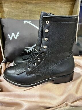 NWOT ACME Black Leather Lace-Up Ankle Boots with Fringe
